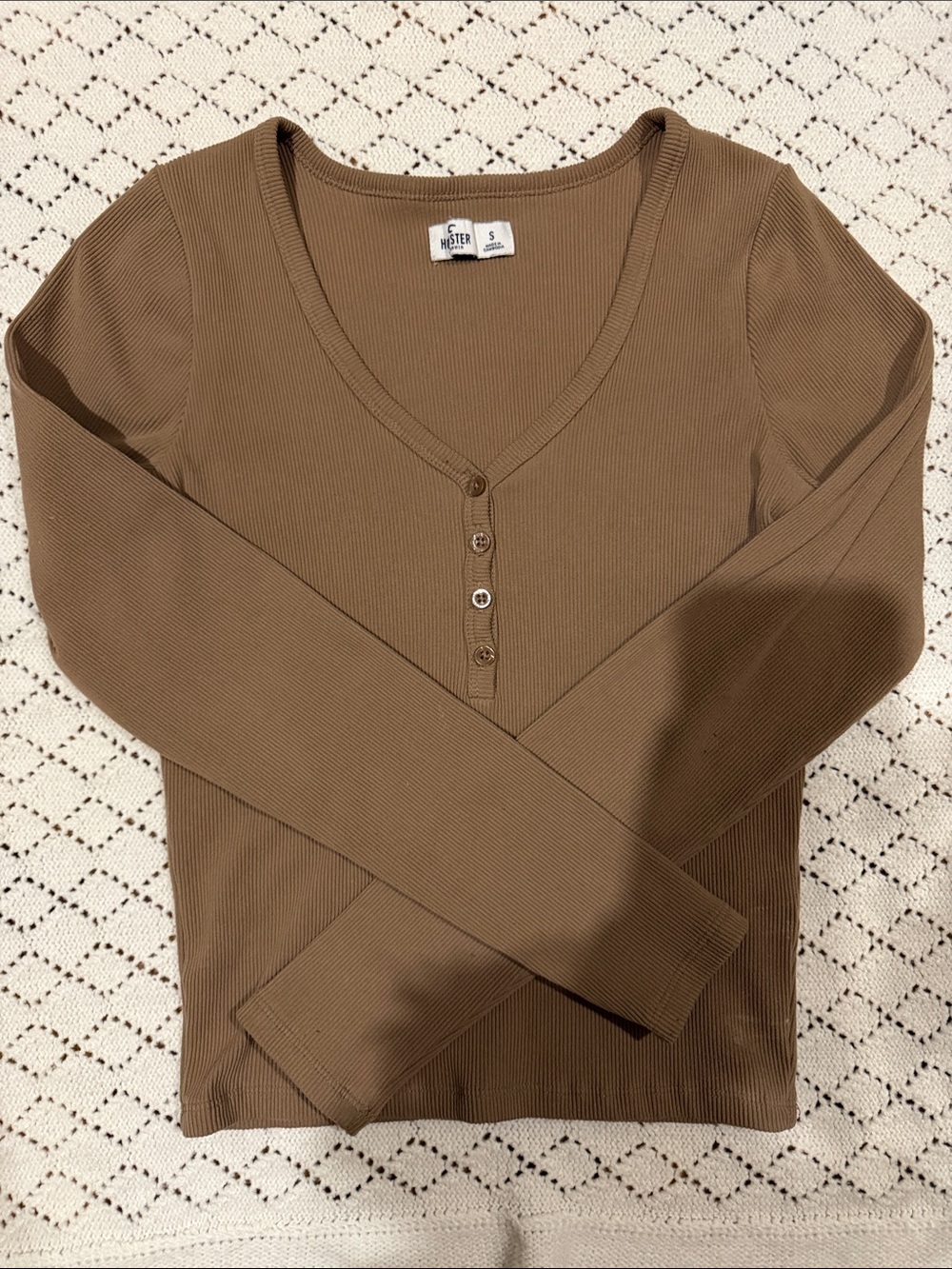 Hollister Ribbed Henley Long Sleeve Top - Brown